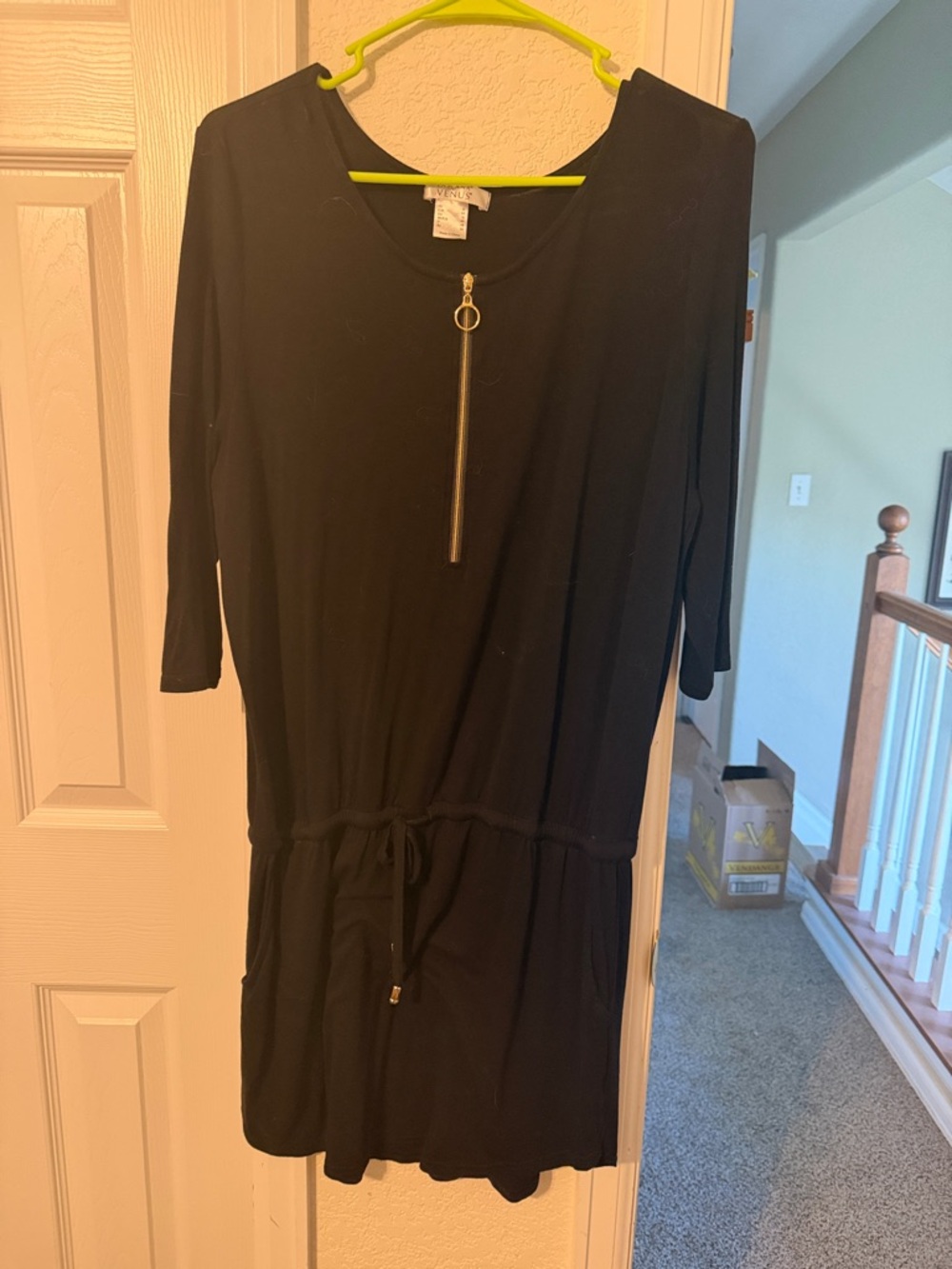 VENUS Black Zip-Front Drawstring Mini Dress